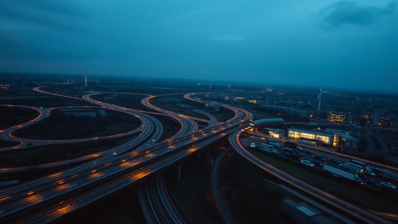 Aerial view of interconnected UK infrastructure at dusk